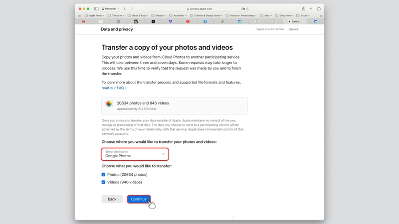 Bước 3: Chọn Google Photos làm nơi nhận dữ liệu