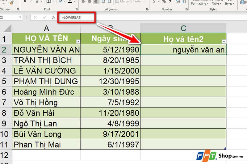 Chuyển chữ hoa thành chữ thường trong Excel - 03
