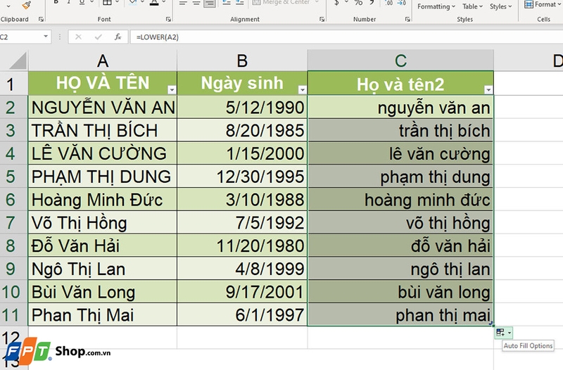 Chuyển chữ hoa thành chữ thường trong Excel - 04