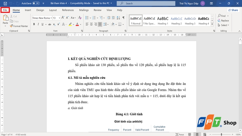 Chọn tab File tại góc trái
