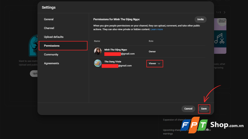 Thay đổi quyền truy cập vào kênh YouTube 2