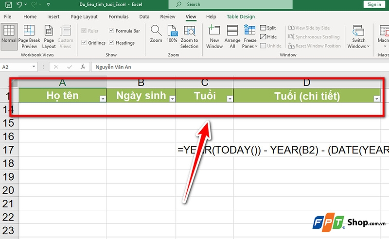 Cách tạo tiêu đề bảng tính Excel - 05