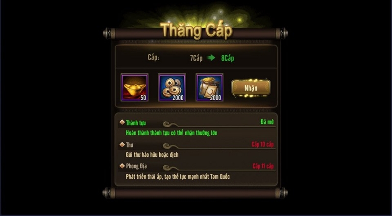Kết quả thăng cấp nhận quà trong game