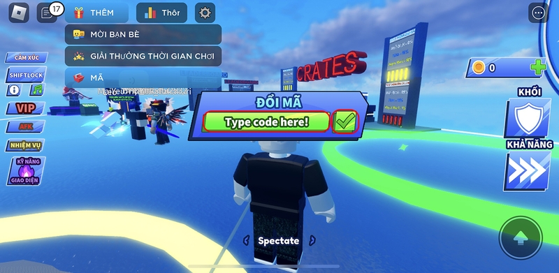 Tiến hành nhập mã trong game Blade Ball