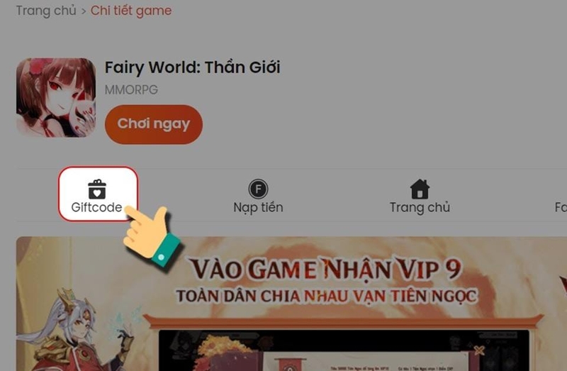 Chọn mục giftcode để nhập thông tin