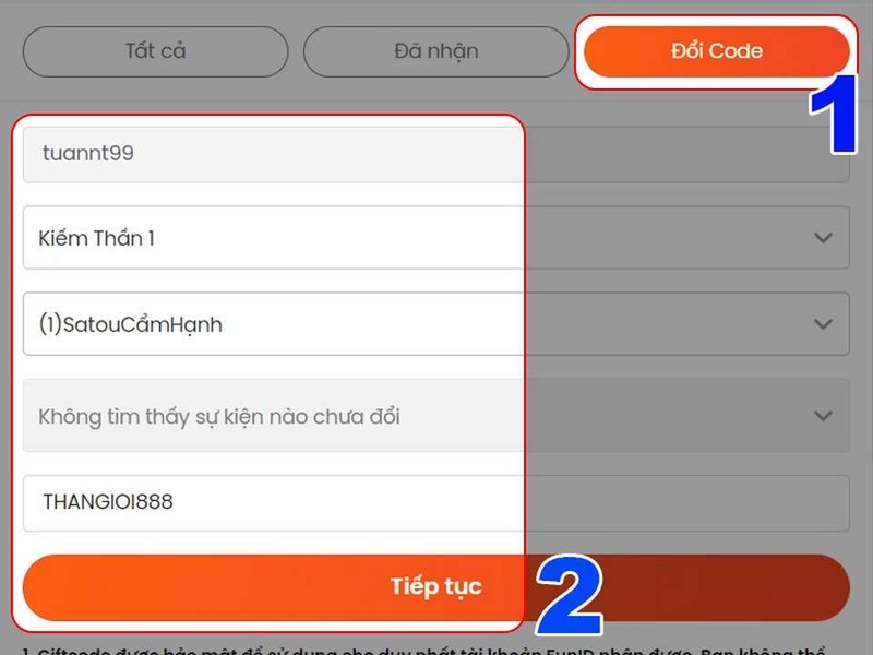 Nhập và xác nhận giftcode
