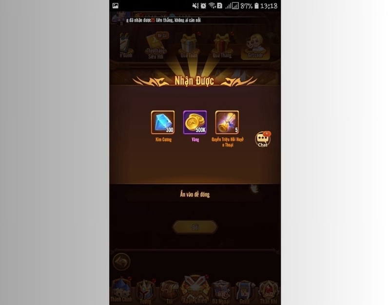 Nhận quà và tiếp tục trải nghiệm game