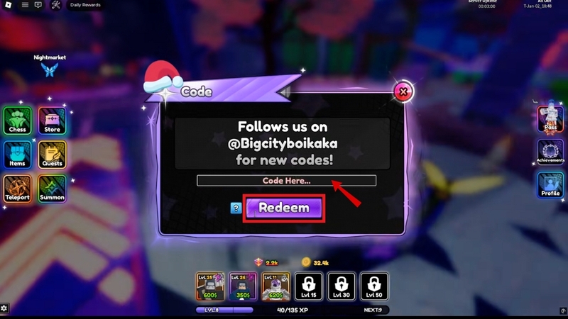 Bấm Redeem để đổi code