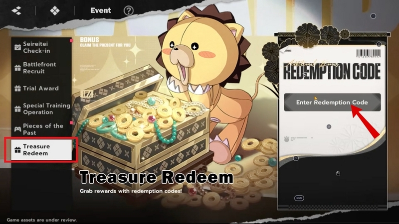 chọn tab có tên Treasure Redeem