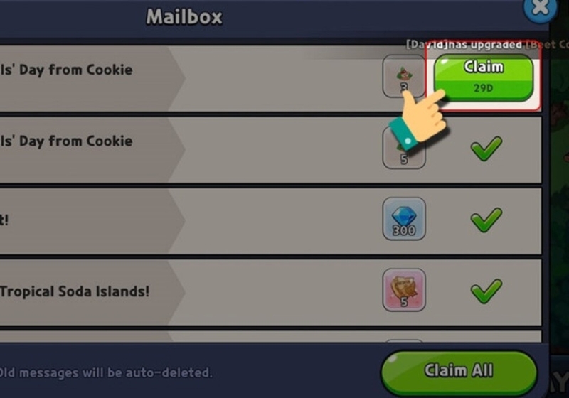 Nhấn vào mục “Thư” để kiểm tra phần thưởng