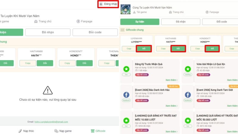 Vào web đăng nhập rồi nhấn Đổi ở dưới những giftcode