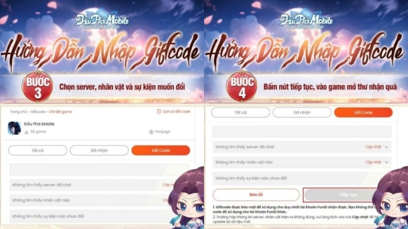 Điền thông tin máy chủ, nhân vật, sự kiện rồi nhấn Tiếp tục