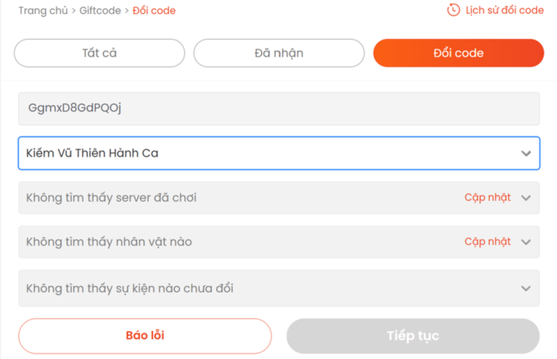 Nhập giftcode vào ô trống