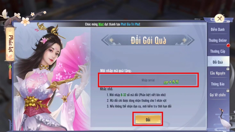 Nhập code Kiếm Thần Là Ta vào ô trống