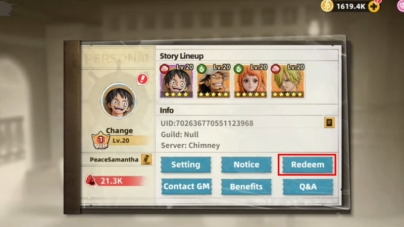 Nhấn Redeem để mở cửa sổ nhập mã code