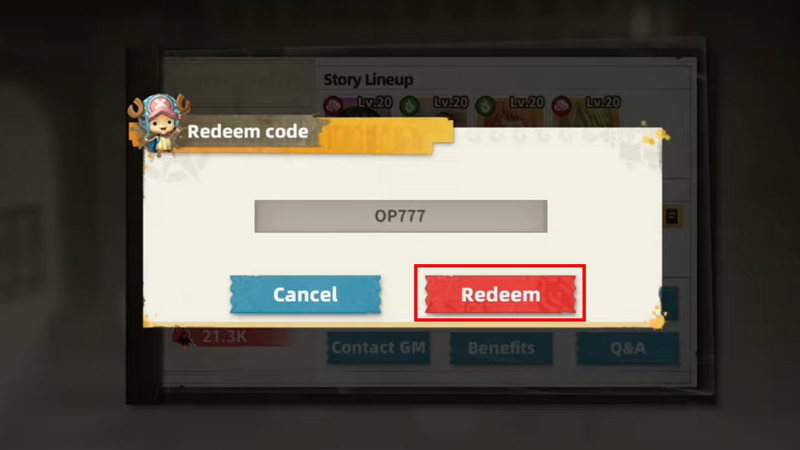 Nhập code và chọn nút Redeem để xác nhận