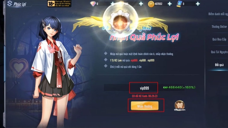Nhập code và nhấn Nhận thưởng