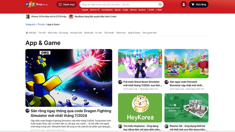 Website FPT Shop luôn cập nhật tin tức về game mới nhất