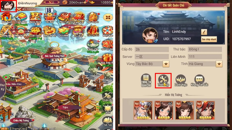 Nhấn vào biểu tượng Avatar nhân vật và chọn mục Thiết Lập