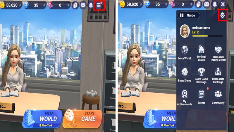 Chọn biểu tượng menu và cài đặt