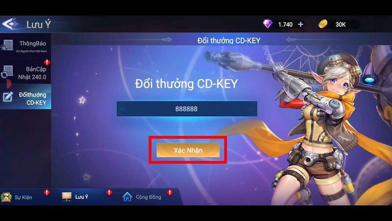 Nhấn Xác nhận sau khi nhập mã code
