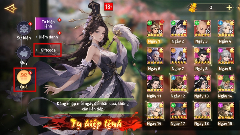 Chọn mục Giftcode