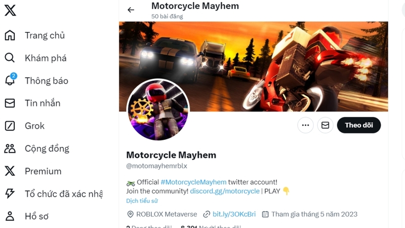 Bạn có thể tìm kiếm @motomayhemrblx trên Twitter