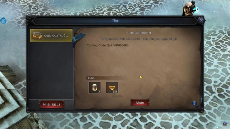 Vào mục Thư để nhận quà