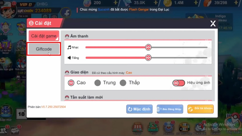 Chọn mục Giftcode