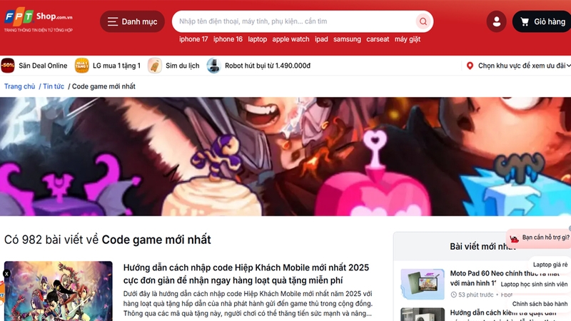 FPT Shop là website cung cấp thông tin code game uy tín