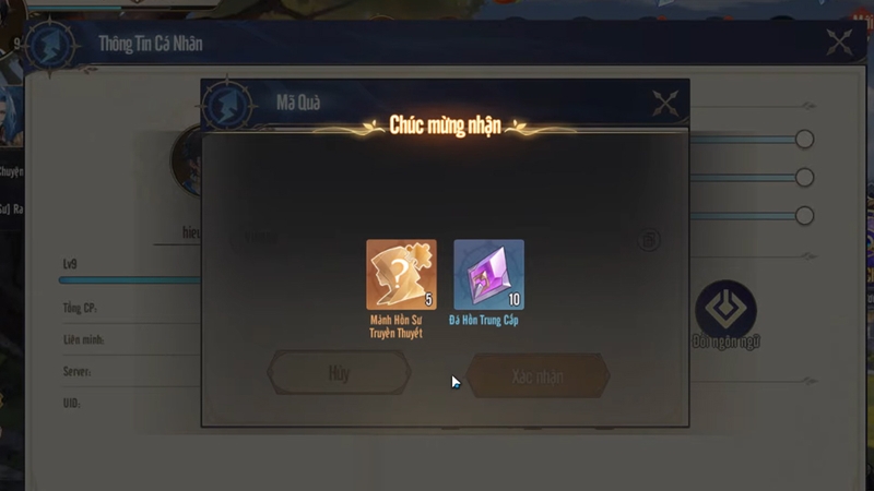 Thông báo quà tặng sau khi mã code được xác nhận