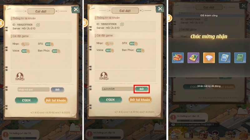 Nhấn "Đổi" để nhận vật phẩm