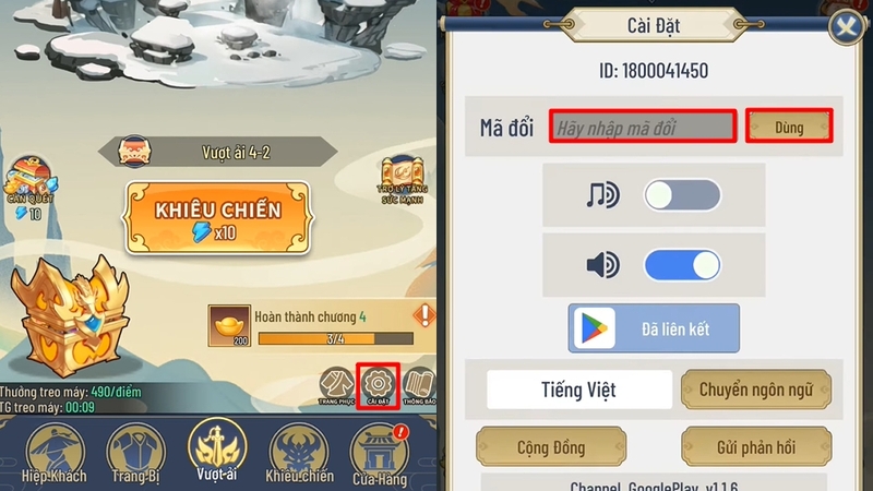 Vào Cài đặt => nhập code ở mã đổi => Dùng