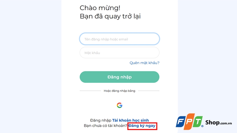 Nhấn vào dòng chữ “Đăng ký ngay”