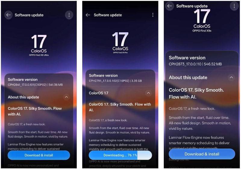 Giao diện cập nhật ColorOS 17 trên OPPO Find X9 Ultra, Find X9 Pro và Find X9s.