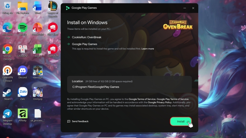 Chọn Cài đặt để tiến hành cài Google Play Games