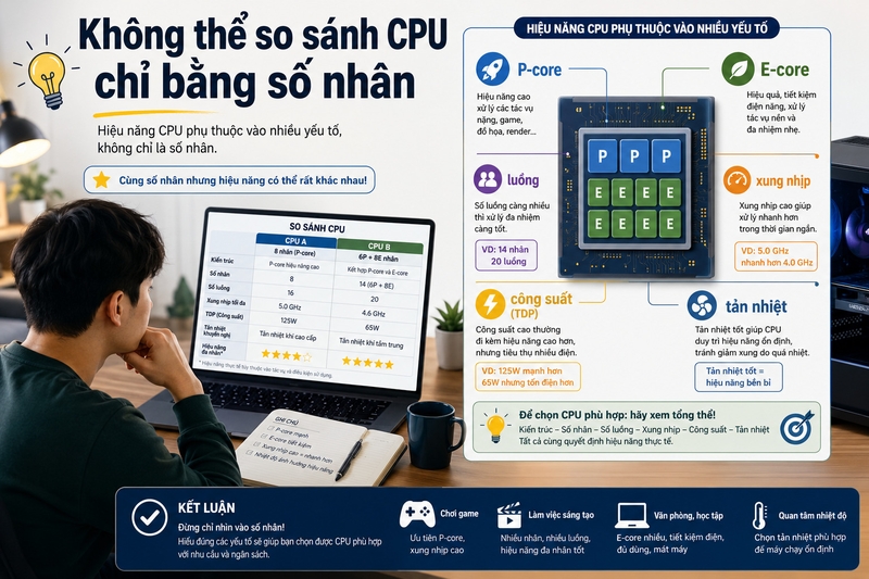 Không thể so sánh CPU chỉ bằng số nhân