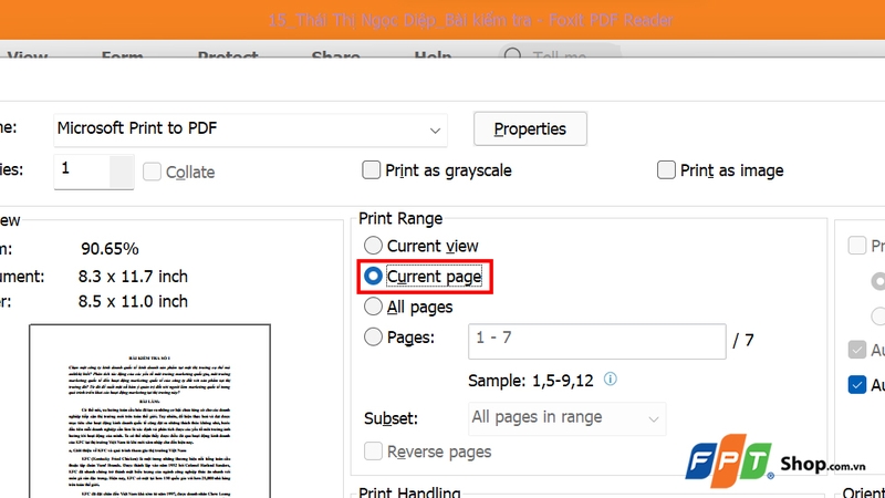 Nhấn vào tuỳ chọn Current Page trong phần Print Range