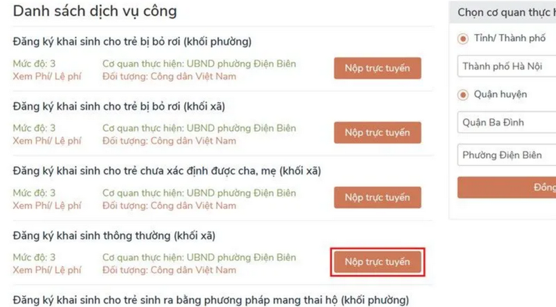 Bạn hãy nhấp vào nút "Nộp trực tuyến"