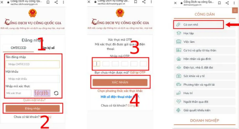 Nhập thông tin đăng nhập, xác thực OTP và chọn nhóm thủ tục