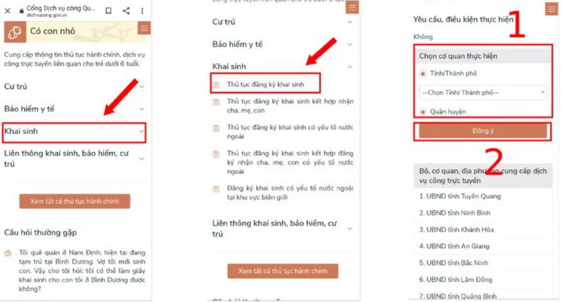 Chọn thủ tục đăng ký khai sinh và cơ quan thực hiện