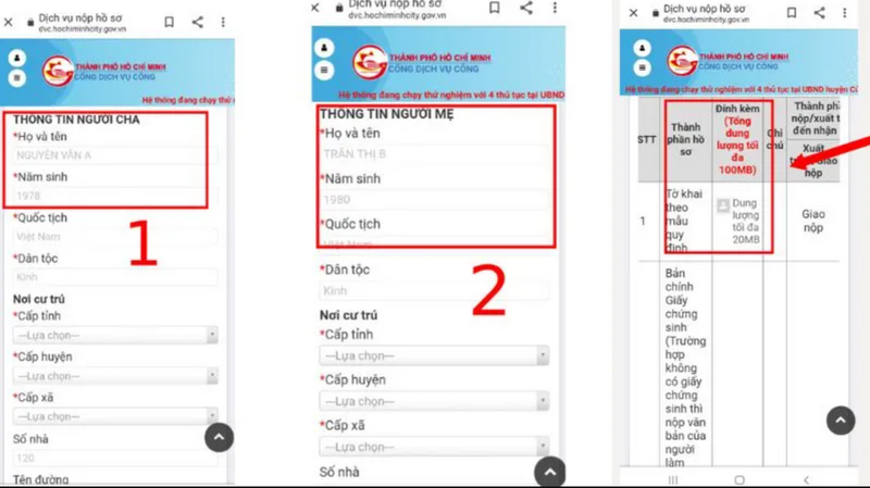 Kê khai thông tin cha mẹ và tải lên hồ sơ đính kèm