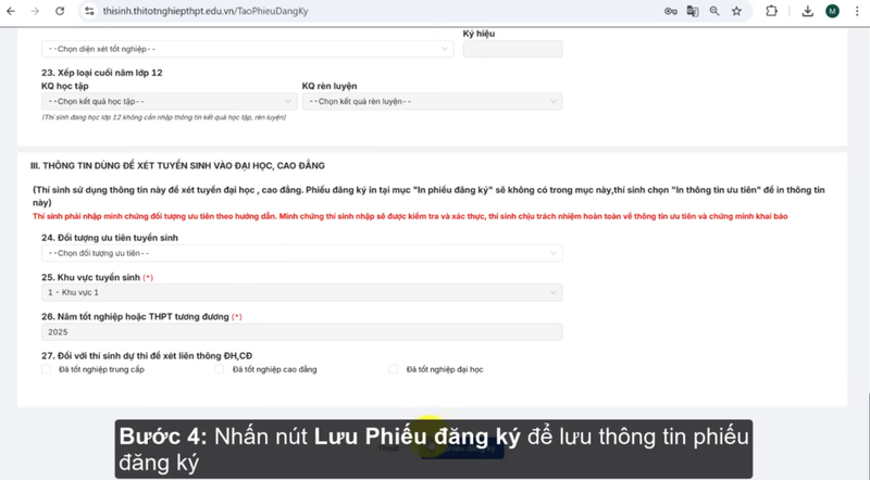 Lưu phiếu đăng ký dự thi