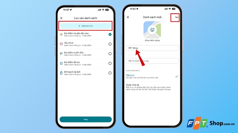 tạo danh sách yêu thích trên Google Maps trên điện thoại