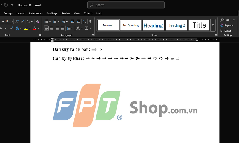 dấu suy ra trong Word 1