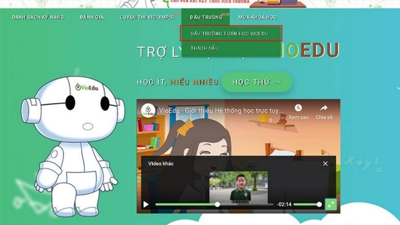 Màn hình sẽ hiển thị trang chủ VioEdu