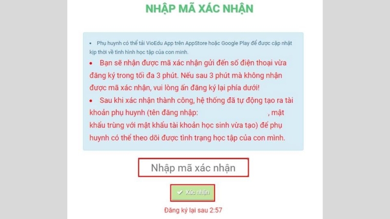 Hệ thống sẽ tự động gửi một tin nhắn chứa mã số xác nhận