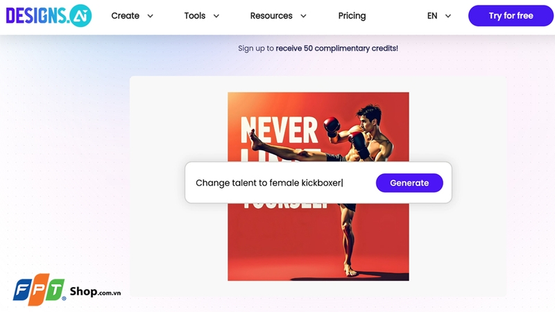 Giao diện chính của nền tảng Designs AI