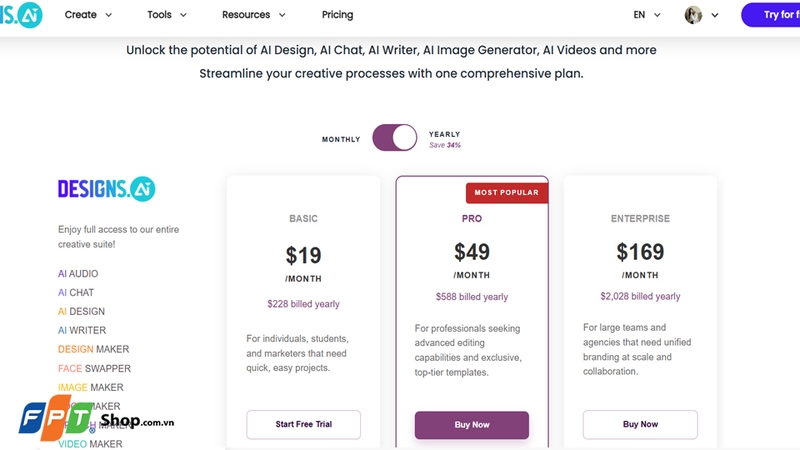 Designs AI mang đến nhiều tuỳ chọn mức giá