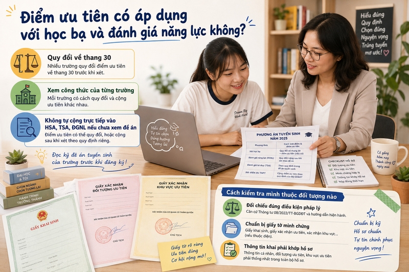 Điểm ưu tiên có áp dụng với học bạ và đánh giá năng lực không